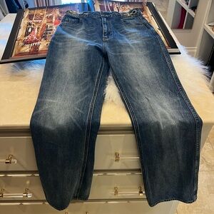 VIRAL Celine Jane High Rise Flare Blue Jeans with Gold Detail